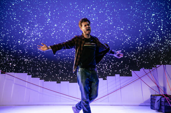 Production image : A man in jeans and a casual shirt stands centre stage with his arms out stretched. Behind him appears to be snow in a night sky. He is mid song or shout.