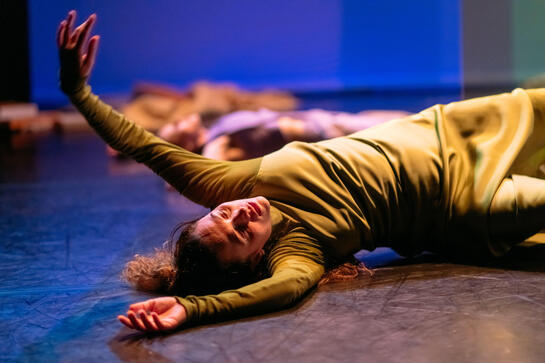 Production image : a woman throwing herself across the floor, we are eye level with her. Sage green silk dress, deep blue light.